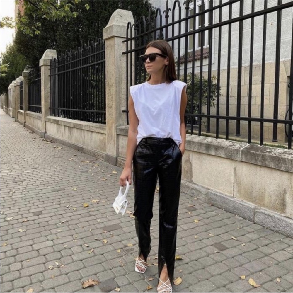 Zara Black Faux Leather Croc Embosses Pants Size XL Bloggers Fav Open Slit Front